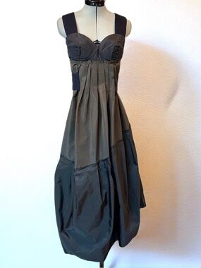 Prada VTG ‘06 Runway Look #8, Olive Taffeta Midi, Satin Bodice, knit straps, 38